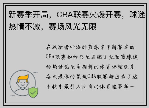新赛季开局，CBA联赛火爆开赛，球迷热情不减，赛场风光无限
